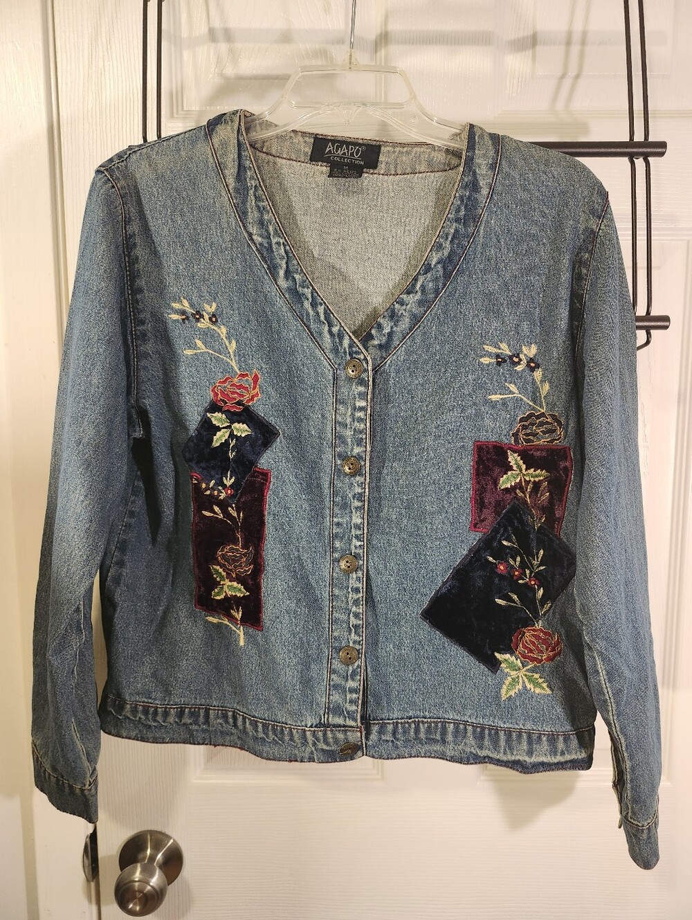 Agapo Embroidered Denim Jacket - Blue with Floral Velvet Accents